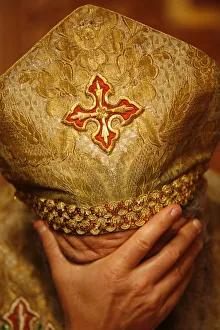Hauts De Seine Prints: Orthodox Coptic priest praying, Chatenay-Malabry, Hauts-de-Sine, France, Europe