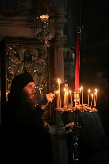 Mount Athos Prints: Orthodox monk in Aghiou Pavlou monastery church on Mount Athos, Greece, Europe