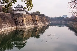 Preserved Prints: Osaka Castle in Japan. Overlooking the stone moat and reflecting water at Rokuban-yagura Turret on the outer walls