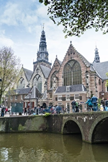 Traditionally Dutch Prints: Oude Kerk, 13th century church and the oldest in Amsterdam, Netherlands, Europe