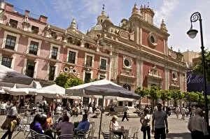 Images Dated 9th April 2010: Outdoor cafes and tourists in Plaza del Salvador, Seville, Andalusia, Spain, Europe