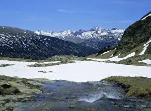 Andorra Prints: Outflow from Estany Cabana Sorda, view south to the mountains beyond Soldeu, Andorra