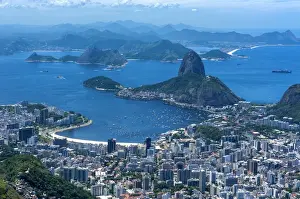 Outlook from the Christo statue over Rio de Janeiro and the famous Sugar Loaf, Rio de Janeiro, Brazil, South America
