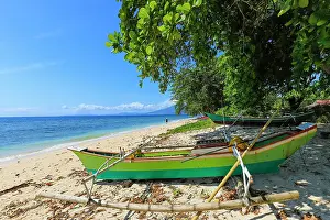 Canoe Prints: Outrigger canoes on Pulisan beach with Tangkoko mountain and national park beyond