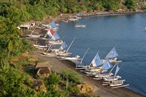 Outrigger fishing boats line the beach at a hamlet