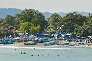 West Java Prints: Outrigger fishing boats at the town beach of this major south coast resort