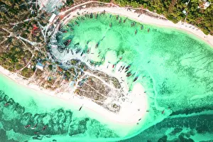 Zanzibar Prints: Overhead view of dhow traditional boats moored in a sandy bay overlooking the idyllic Indian Ocean