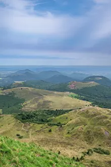 Domes Prints: Overlook showing volcanic domes and landscape of Chaine de Puys in Massif Central