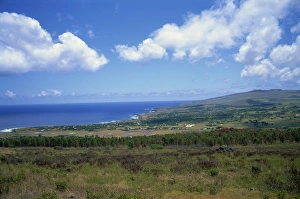 Overlooking Hanga Roa town, airport and west coast, Easter Island, Chile, South America