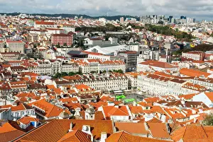 Roofs Prints: Overview of Baixa and Chiado districts from Sao Jorge Castle in Lisbon with rooftops and buildings of the city