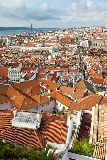 Lisbon Prints: Overview of Baixa and Chiado districts from Sao Jorge Castle with Tage river in the background in Lisbon Portugal