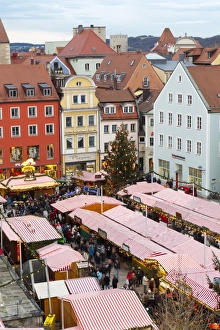 Commercialism Prints: Overview of the Christmas Market in Neupfarrplatz, Regensburg, Bavaria, Germany, Europe
