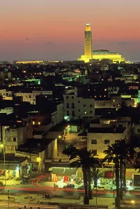 Marvel Prints: Overview with the Hassan II Mosque in the background at dusk, Casablanca, Morocco