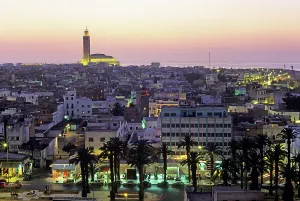 Bustling Prints: Overview with the Hassan II Mosque in the background at dusk, Casablanca, Morocco