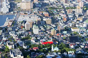 Hotels Prints: Overview of motomachi and kanemori red brick warehouse district in hakodate