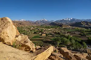 Altitude Prints: Overview of the mountains and valley near Bamyian with small farms and villages visible in the landscape in Afghanistan