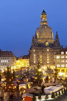 Lutheran Prints: Overview of the New Market Christmas Market beneath the Frauenkirche, Dresden, Saxony