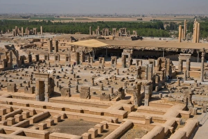 Typically Iranian Prints: Overview of Persepolis from Tomb of Artaxerxes III, Palace of 100 Columns in foreground