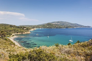 Livorno Province Prints: Overview of sand beach and turquoise sea, Sant Andrea Beach, Marciana, Elba Island