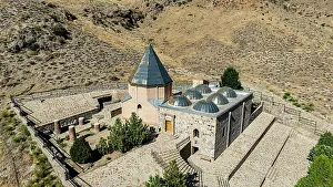 Domes Prints: Overview of Sheikh Khorasan mausoleum with surrounding landscape in Nakhchivan, Azerbaijan