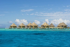 Stilt House Prints: Overwater bungalows in luxury hotel in Bora Bora, Society Islands, French Polynesia
