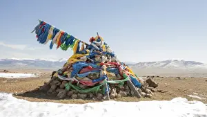 Religious Site Prints: An ovoo, traditional place of worship in the middle of the Mongolian countrtyside