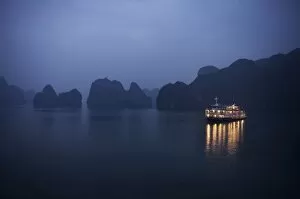 Paddle steamer at anchor, dawn, Halong bay, Vietnam, Indochina, Southeast Asia, Asia