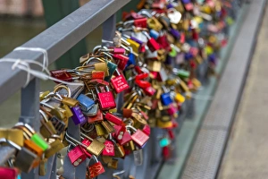 Symbolism Prints: Padlocks, Holbeinsteg Bridge, Frankfurt am Main, Hesse, Germany, Europe