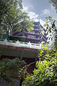 Sichuan Prints: Pagoda on the top of a sacred mountain, Qingchengshan, Sichuan, China, Asia