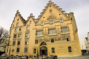 The painted facade of the medieval Ulmer Rathaus (Town Hall) shows scenes from German history The painted facade of the medieval Ulmer Rathaus (Town Hall) shows scenes from German history
