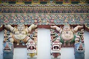 Images Dated 30th September 2009: Painted figures on Gangtey Gompa (Monastery), Phobjikha Valley, Bhutan, Asia
