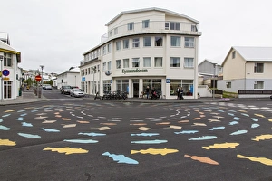 Fishes Prints: Painted fish on traffic circle on Heimaey Island, Iceland, Polar Regions