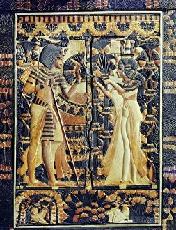 Images Dated 27th July 2008: Painted ivory plaque from the lid of a coffer showing Tutankhamun and Ankhesenamun in a garden