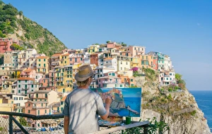 Artist Prints: A painter at Manarola, Cinque Terre, UNESCO World Heritage Site, Liguria, Italian Riviera