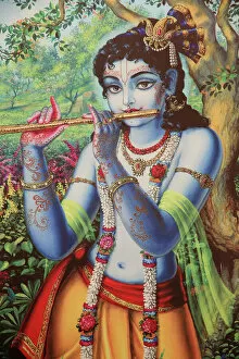 Typically Indian Gallery: Painting depicting Hindu god Krishna playing a flute outdoors, Vrindavan, Uttar Pradesh