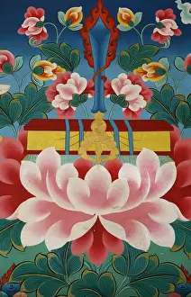Nepal Prints: Painting of lotus flower, sword of knowledge and sacred text, Kopan monastery, Kathmandu