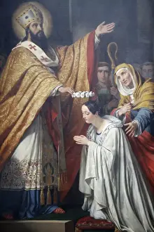 Illustration And Painting Prints: Painting of Saint Medard crowning a young virtuous girl by Louis Dupre, dating from 1837