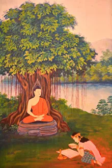 Thai Culture Prints: Painting in Wat Chanasongkhram Ratchaworamahawiharn, Bangkok, Thailand, Southeast Asia