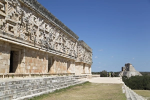Royal Residence Prints: Palace of the Governor on left, with Pyramid of the Magician in the background, Uxmal