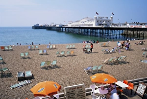 Brighton Prints: The Palace Pier and beach, Brighton, Sussex, England, United Kingdom, Europe
