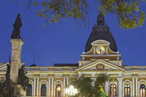 Bolivian Prints: Palacio Legislativo (Legislative Palace) at dusk, La Paz, Bolivia, South America