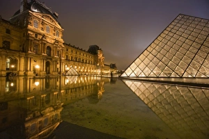 Louvre Prints: Palais du Louvre Pyramid at night, Paris, France, Europe