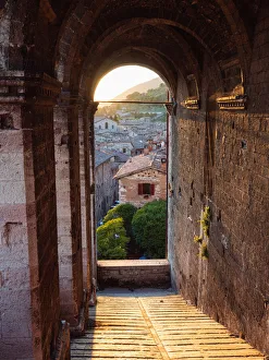 Umbria Prints: Palazzo dei Consoli and the classic spot below it, at sunset, Gubbio, Umbria, Italy