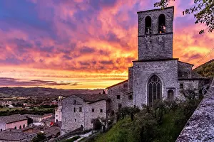 Umbria Prints: Palazzo dei Consoli (Palace of the Consuls) and Cathedral at sunset, Gubbio, Umbria, Italy