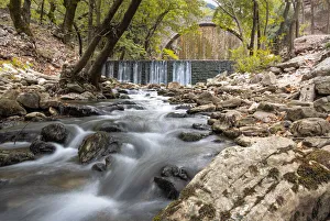 Public Park Prints: Paleokaria waterfall and ancient bridge, Thessaly, Greece, Europe