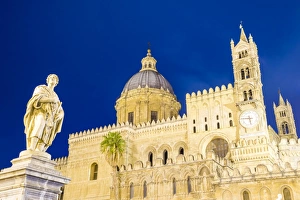 Palermo Gallery: Palermo Cathedral at night (Duomo di Palermo), showing statue, dome and clock tower, Palermo