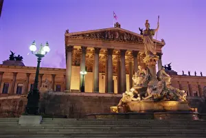 Athena Prints: Pallas Athene (Athena) Fountain and Parliament building at night, Vienna, Austria, Europe