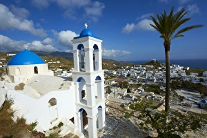 Local Landmarks Prints: Palm tree and church, Ios Island, Cyclades, Greek Islands, Greece, Europe