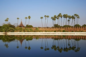 Mandalay Prints: Palm trees reflected in the moat of the fortified palace