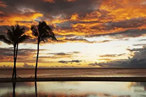 Swimming Pool Prints: Palm trees silhouetted against red clouds reflect in an infinity pool during sunset over a beach at Flic en Flac